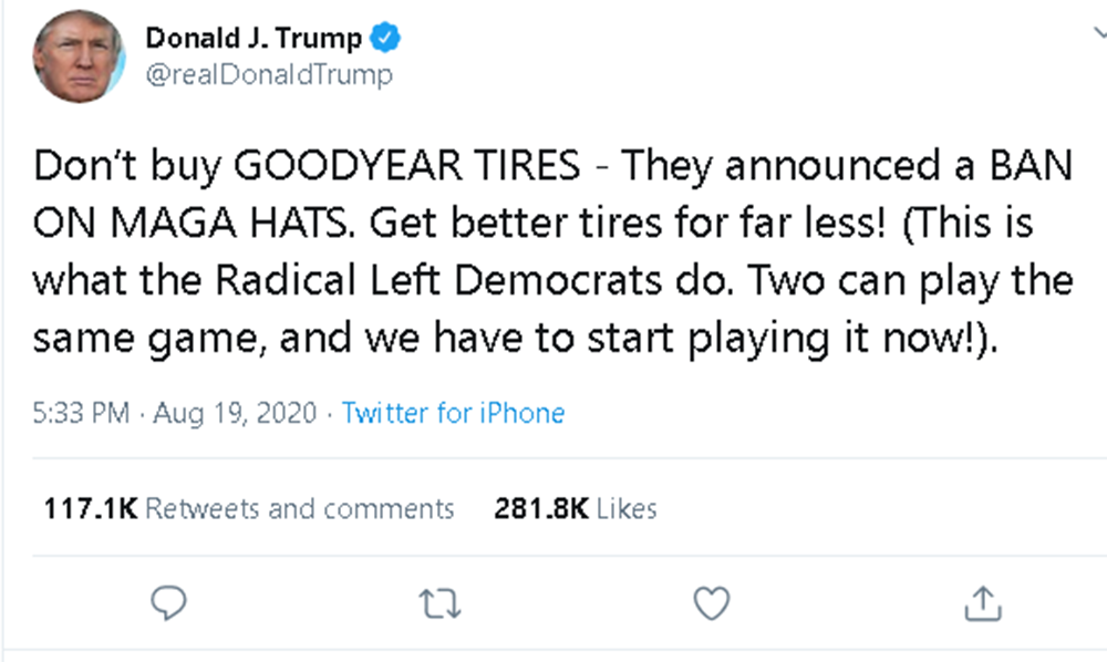 Donald Trump acuză Goodyear pe Twitter